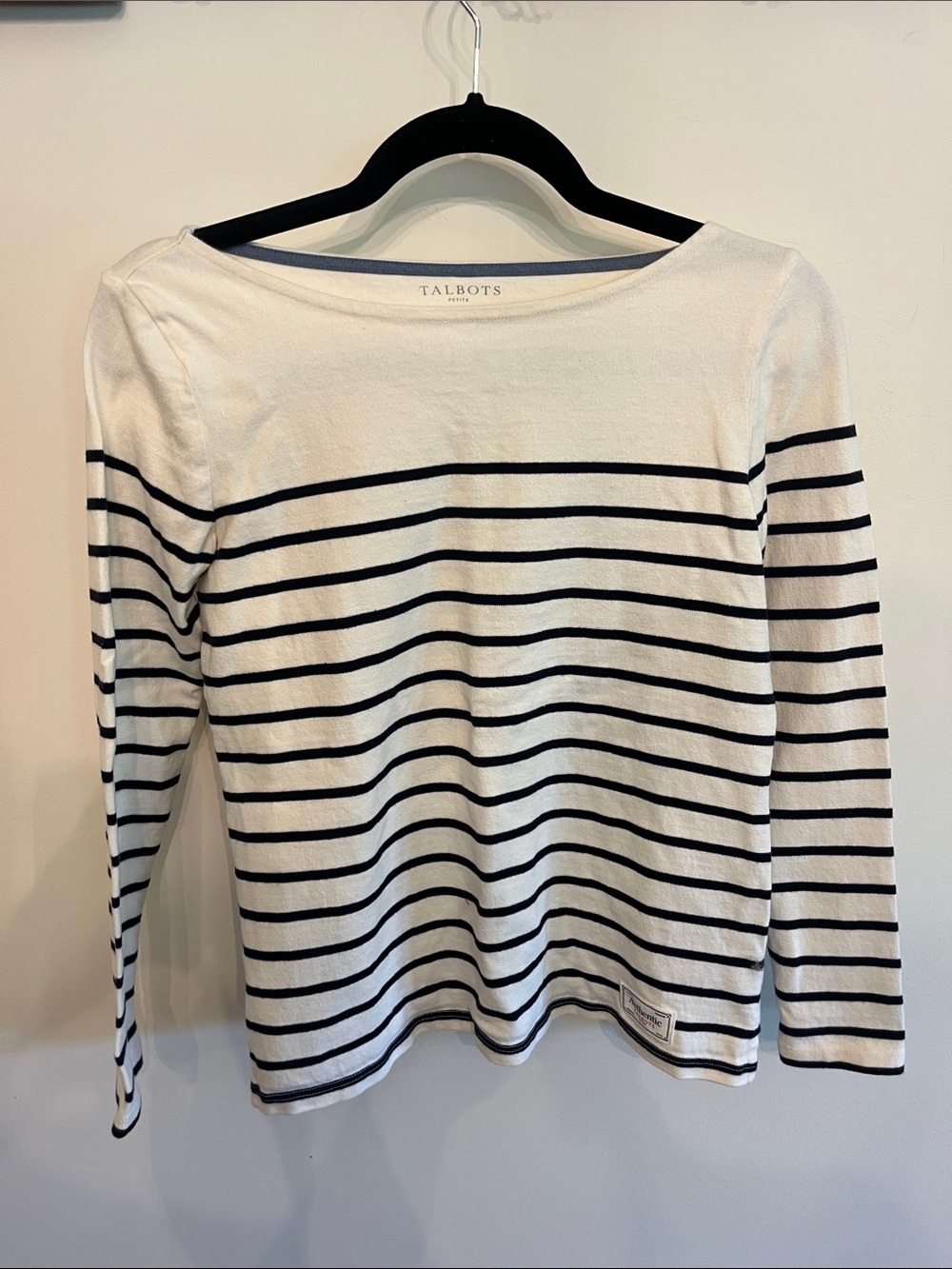 Talbots White and Black Striped Boatneck Long Sleeve Top